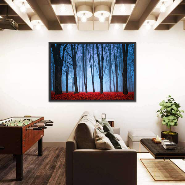 Foggy Autumn Forest with Red Leaves Canvas Wall Art