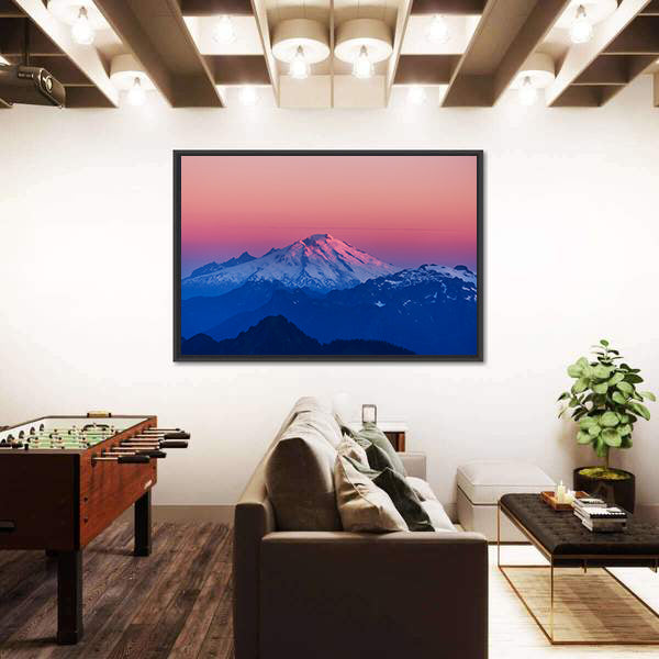 Mountain Peak In North Cascade Range Washington Canvas Wall Art in black, white and pink, framed canvas shown in a room