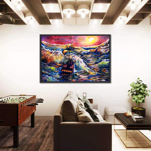 Sunset Sailing Ship in Stormy Sea Canvas Wall Art
