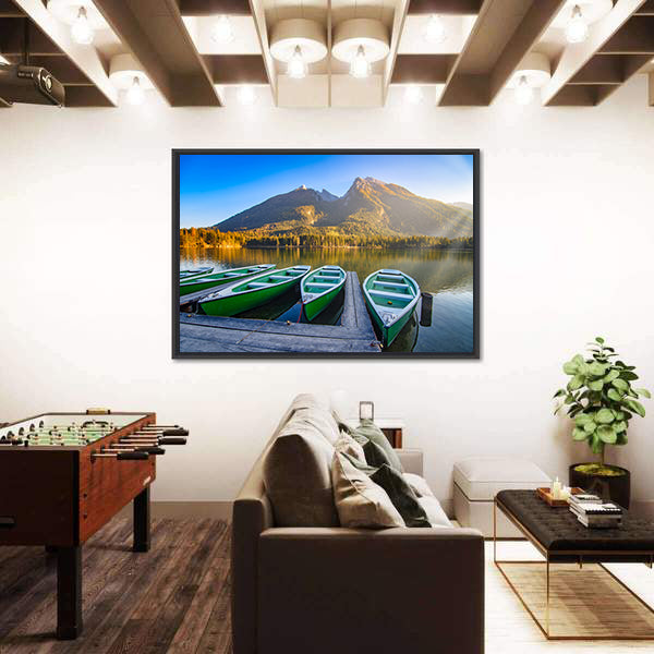 Green Rowboats on Mountain Lake Canvas Wall Art