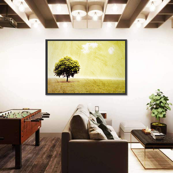 Lone Tree in Yellow Meadow Canvas Wall Art