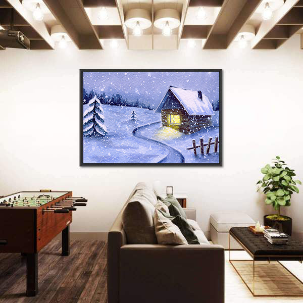Snowy Cabin with Winding Path Canvas Wall Art