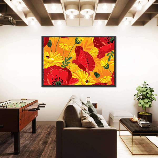 Poppies and Daisies with Ladybugs Canvas Wall Art