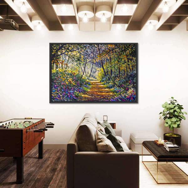 Sunlit Forest Path with Wildflowers Canvas Wall Art