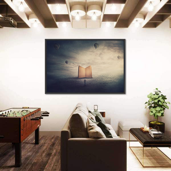 Monolithic Glowing Book Over Parched Desert Canvas Wall Art