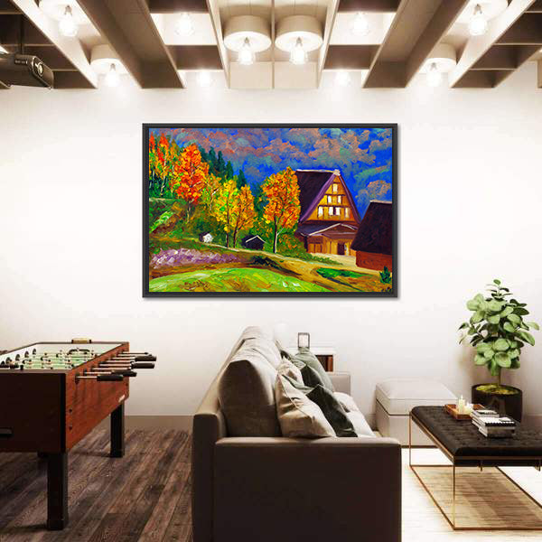Autumn Gassho-zukuri Village with Glowing Windows Canvas Wall Art