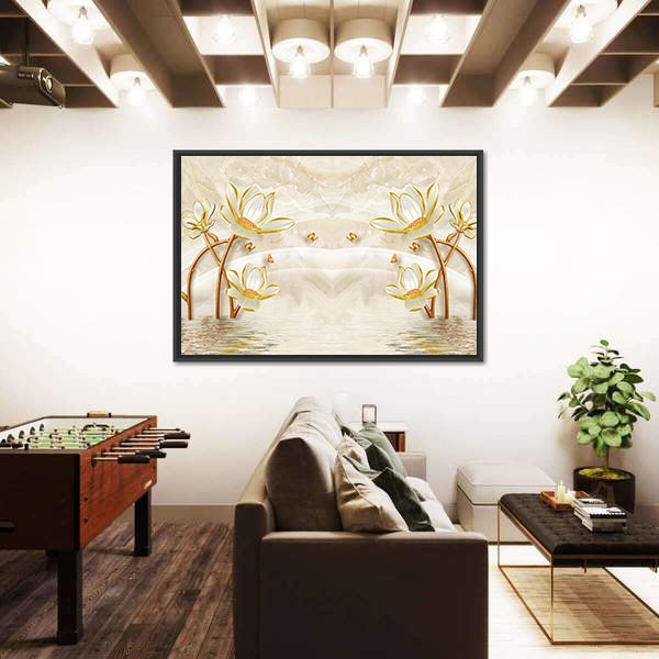 Gold-edged Lotus and Butterflies Illustration Canvas Wall Art