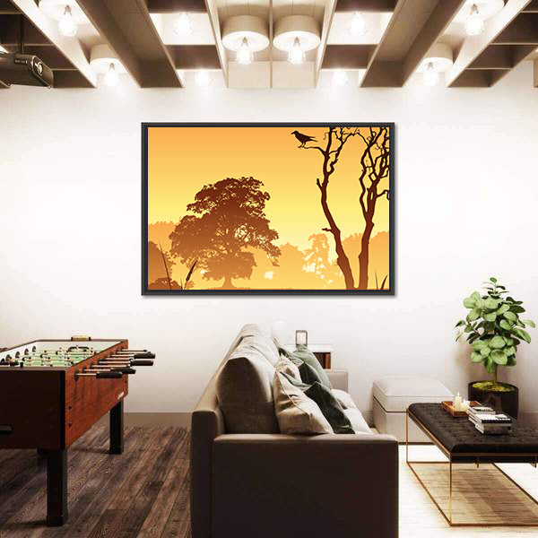 Country Meadow Landscape With Trees And Bird Canvas Wall Art