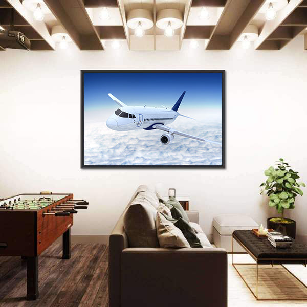 White Jet Banking Above Cumulus Clouds Canvas Wall Art