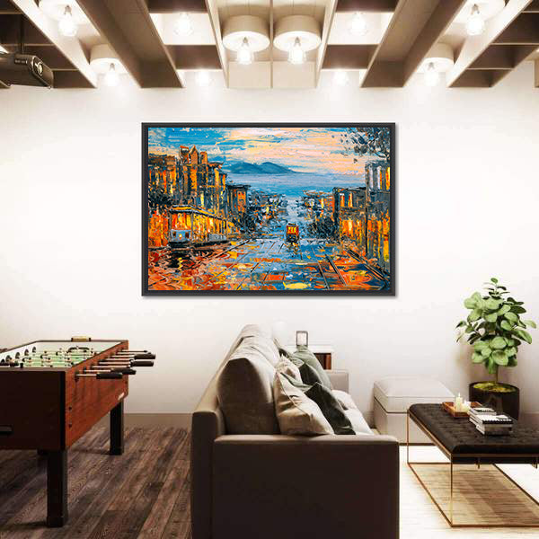 San Francisco Cable Cars on Rain-soaked Street Canvas Wall Art