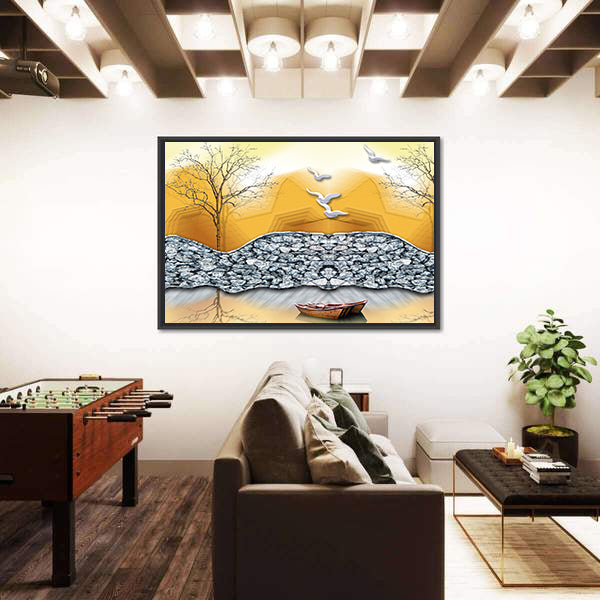 3d Lake Illustration with Boat Canvas Wall Art