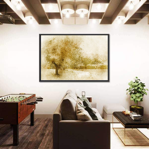 Sepia Autumn Park with Lone Tree Canvas Wall Art