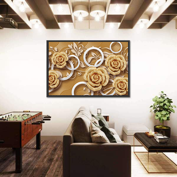 3d Golden Rose Flower Canvas Wall Art