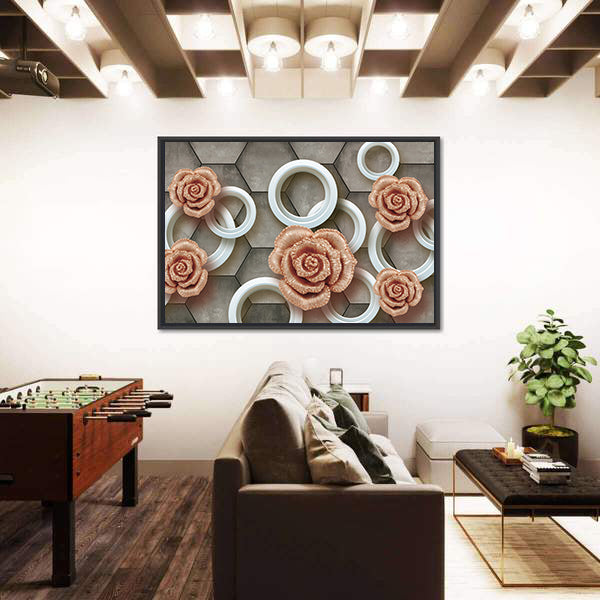 Rose-gold Roses on 3d Tiles Canvas Wall Art