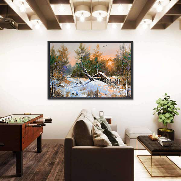Snowy Cabin in Winter Forest Canvas Wall Art