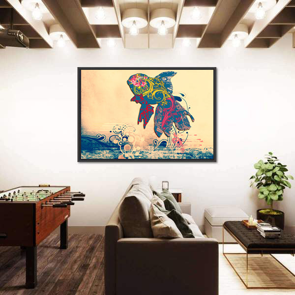 Grunge Goldfish with Ornate Floral Patterns Canvas Wall Art