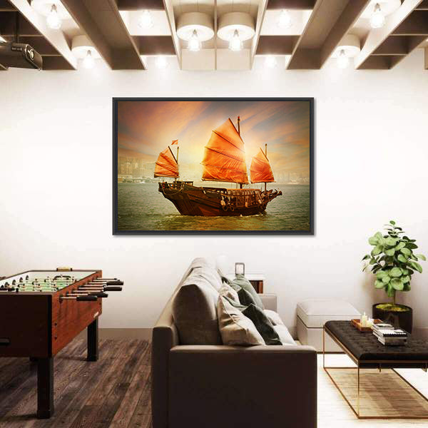 Chinese Junk Boat at Sunset Canvas Wall Art