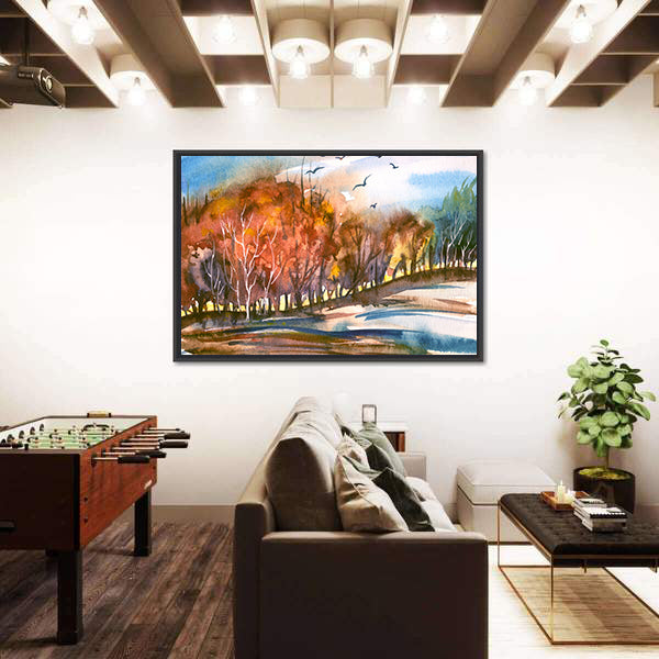 Autumn Lakeside Tree Line Canvas Wall Art