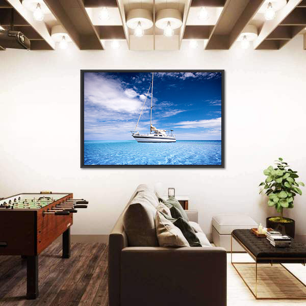 Single-masted White Sailboat on Turquoise Water Canvas Wall Art