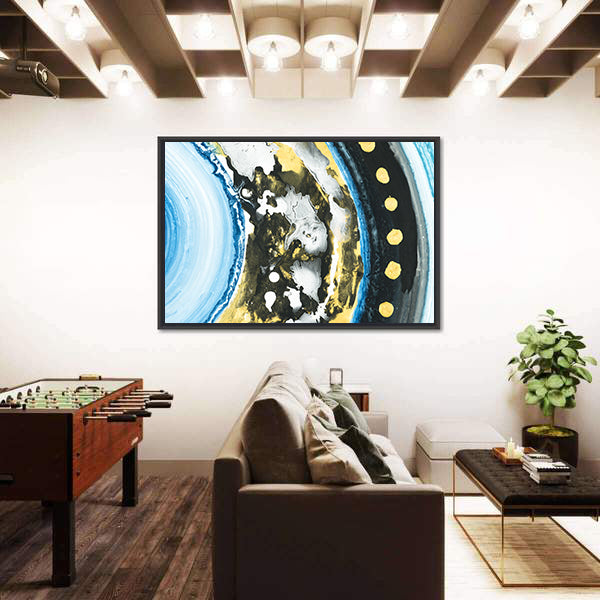 Blue and Black Abstract with Gold Dots Canvas Wall Art