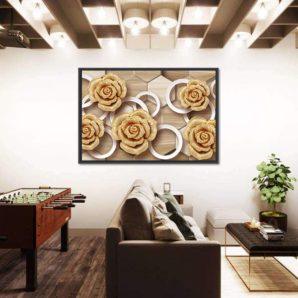 Golden Roses with Floating Rings and Hexagons Canvas Wall Art
