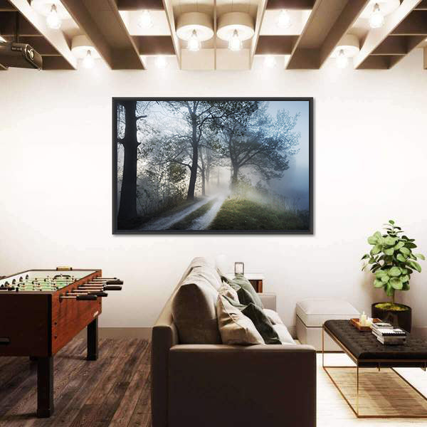 Foggy Forest Path at Sunrise Canvas Wall Art