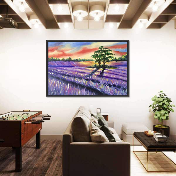 Lavender Field at Golden Sunset Canvas Wall Art