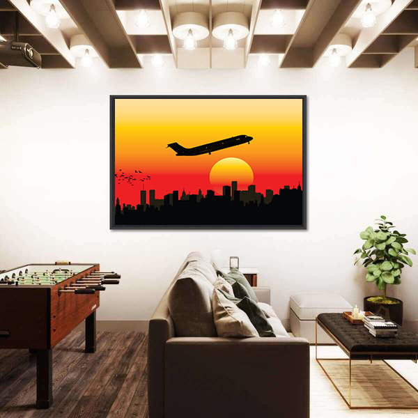 Passenger Jet Silhouette at Sunset Canvas Wall Art