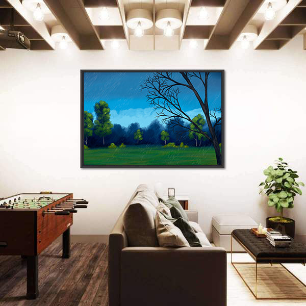 Rainy Green Field with Bare-branched Tree Canvas Wall Art