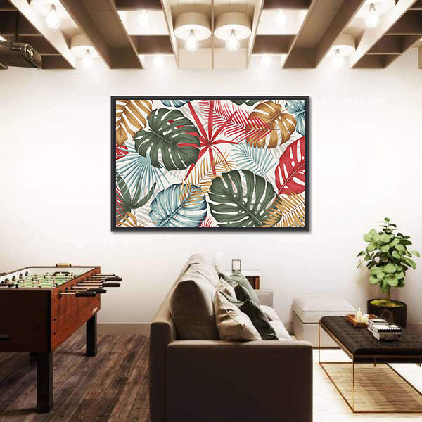 Seamless Colorful Monstera and Palm Leaves Canvas Wall Art