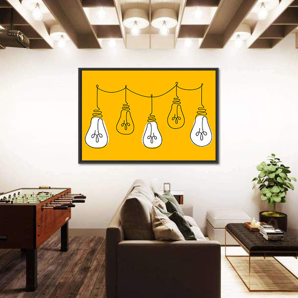 Five Light Bulbs Line on Yellow Canvas Wall Art