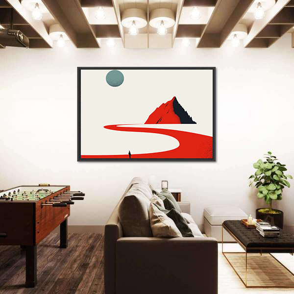 Solitary Figure on Red Path to Geometric Mountain Canvas Wall Art