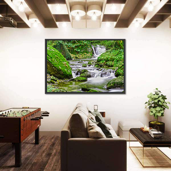 Tranquil Forest Stream And Waterfall Canvas Wall Art