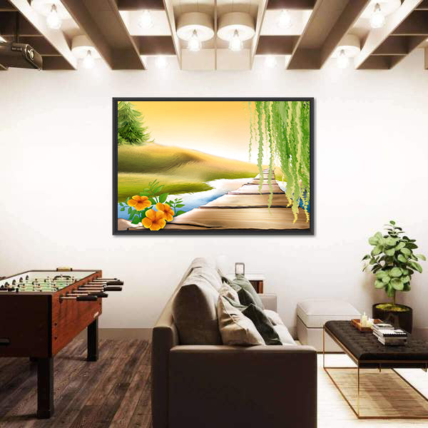 Wooden Footbridge Over Meadow Stream Canvas Wall Art