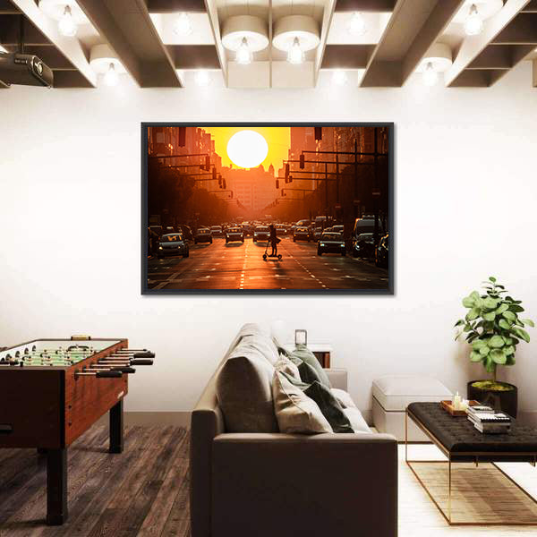 Sunset City Street with Scooter Canvas Wall Art