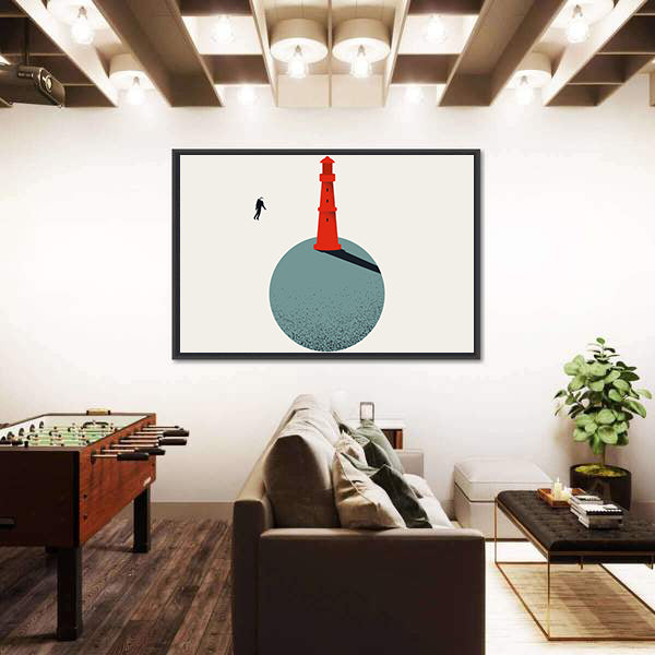 Red Lighthouse with Floating Astronaut Canvas Wall Art