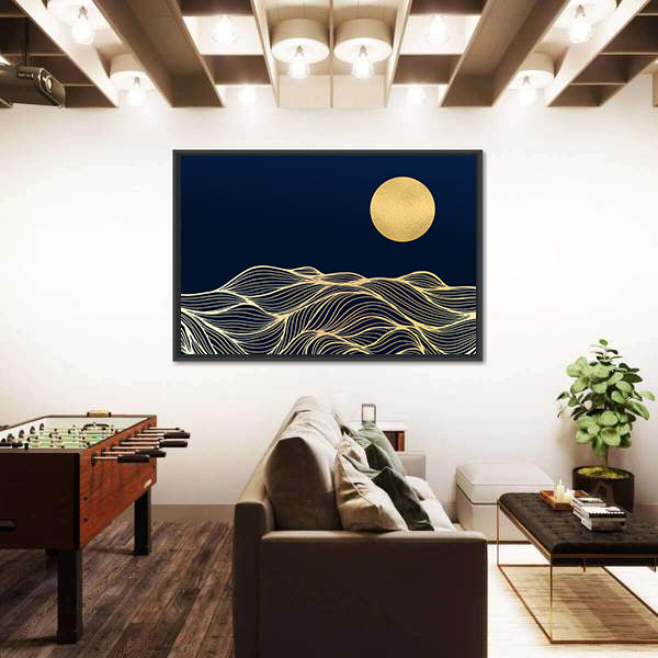 Golden Sun Over Wavy Blue Hills Canvas Wall Art