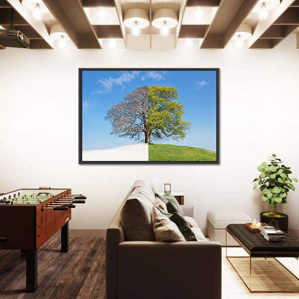Tree Split Between Winter and Summer Canvas Wall Art