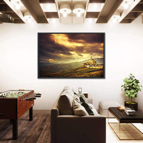 Medieval Castle on Hill at Sunset Canvas Wall Art
