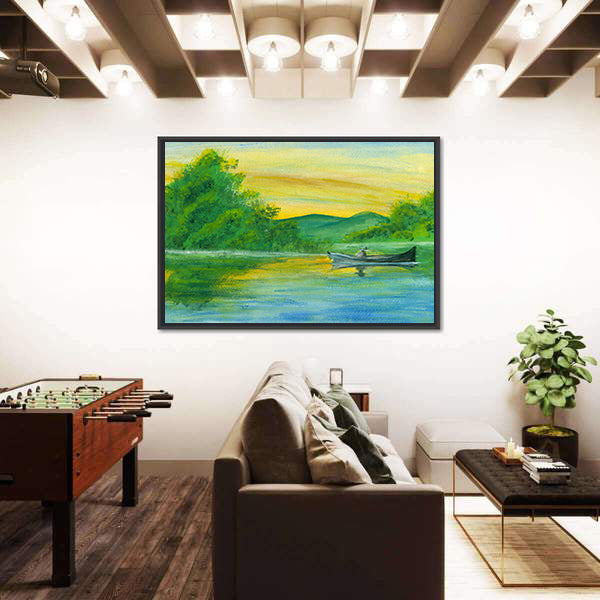 Watercolor Lake with Rowboat at Sunrise Canvas Wall Art