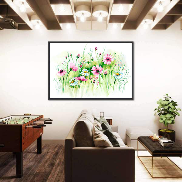 Pink Cosmos and White Daisies Meadow Canvas Wall Art
