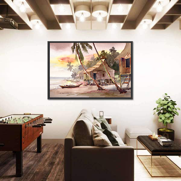 Watercolor Stilt Houses at Sunset Canvas Wall Art