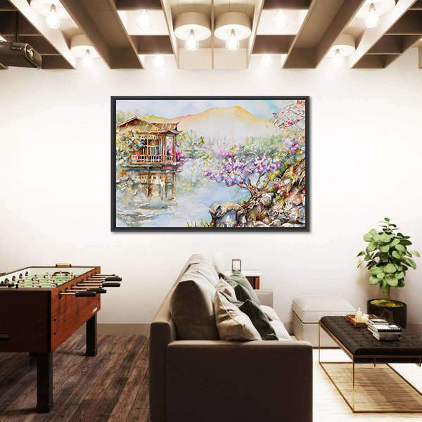 West Lake Stilt House with Pink Blossoms Canvas Wall Art