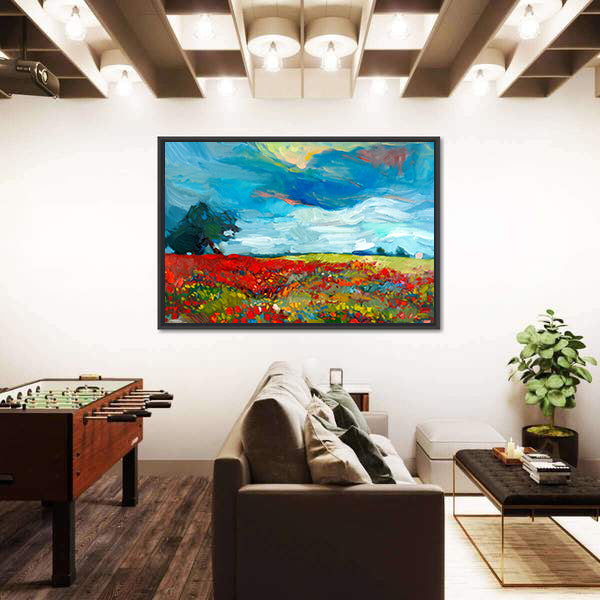 Red Poppy Field Abstract Landscape Canvas Wall Art