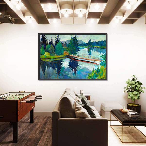 Wooden Bridge Over Reflective River Canvas Wall Art