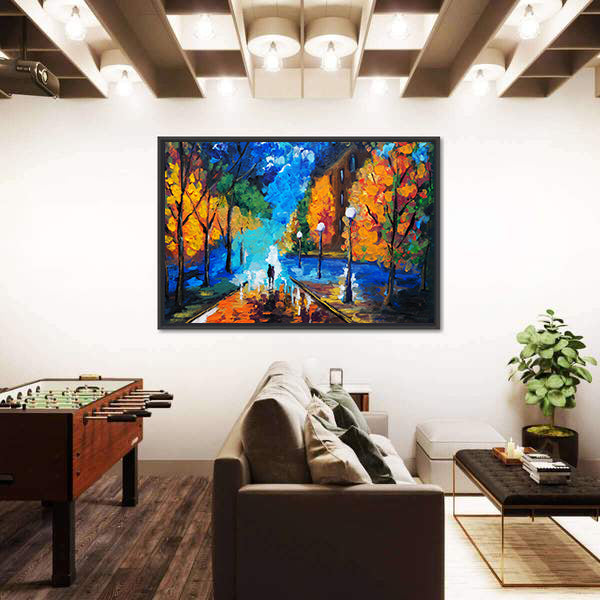 Autumn Couple Under Glowing Streetlights Canvas Wall Art