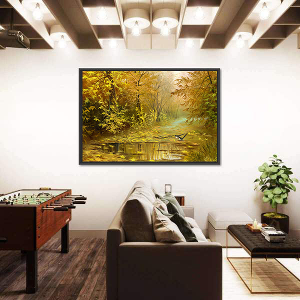 Golden Autumn Forest with Reflecting Puddle Canvas Wall Art