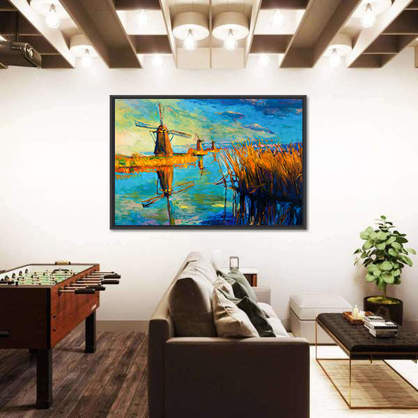 Windmill Landscape at Sunset Canvas Wall Art