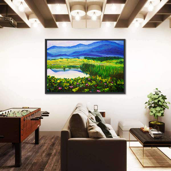 Summer Mountain Lake with Lotus Canvas Wall Art