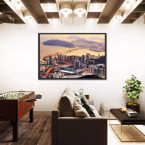 Coastal City Skyline at Golden Dusk Canvas Wall Art